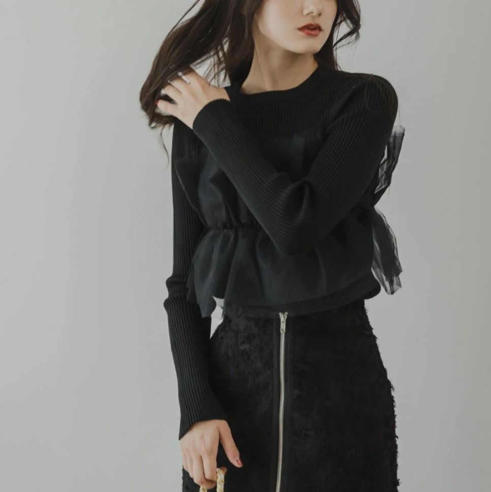 ビスチェ 透け感チュール重ねリブニットビスチェ風トップス