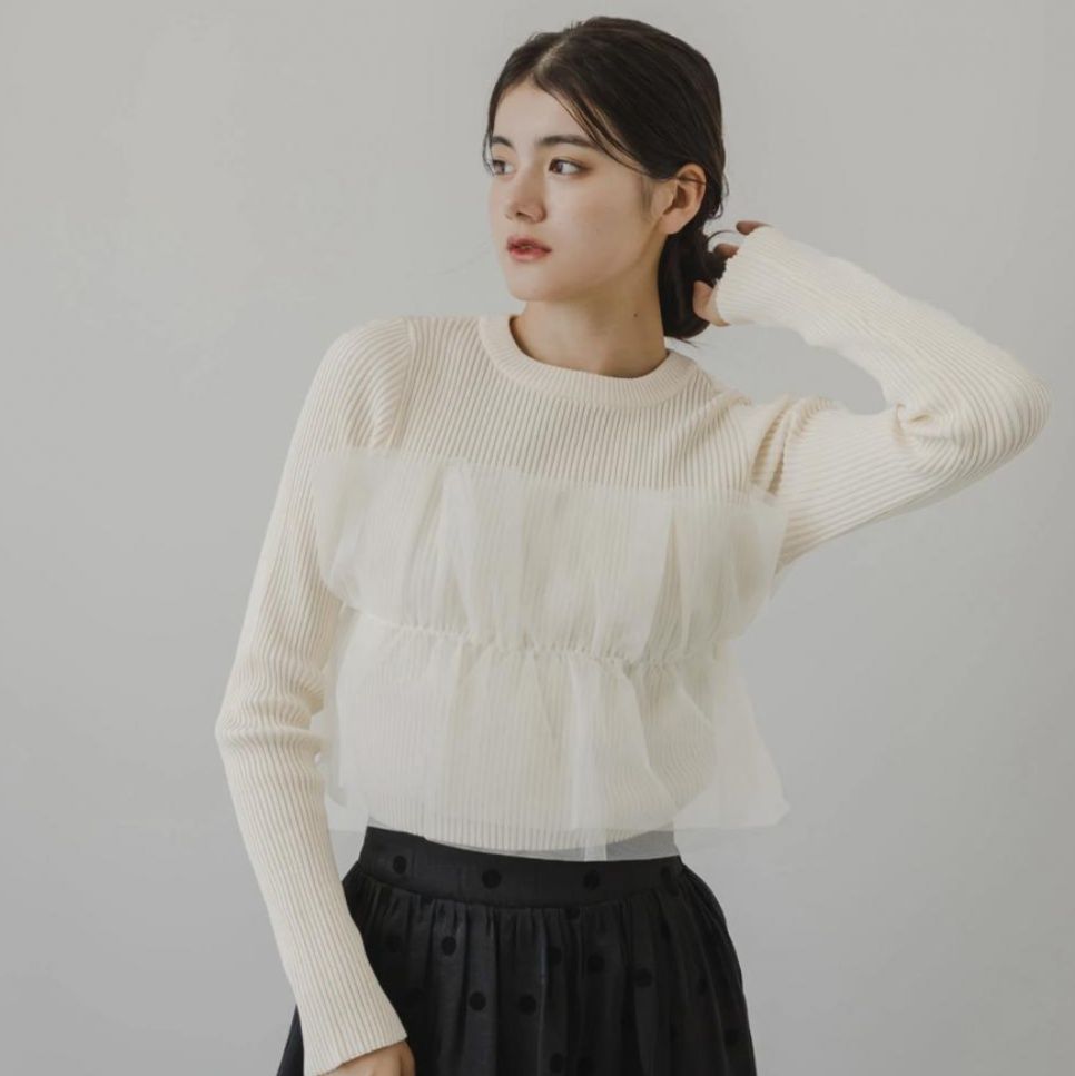 ビスチェ 透け感チュール重ねリブニットビスチェ風トップス