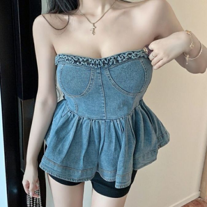 ビスチェ フリルペプラムビスチェトップス　デニム