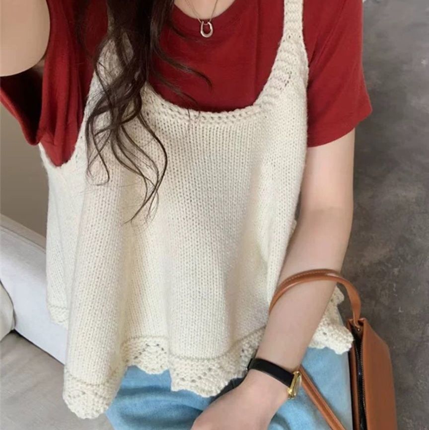 ビスチェ フリル編みニットベスト女性用Aライン重ね着