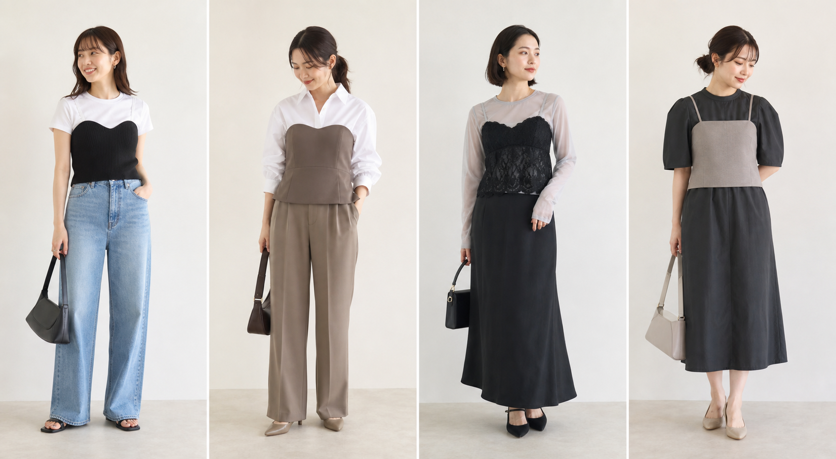 Tシャツ、シャツ、シアートップス、ワンピースにビスチェを重ねた4つのコーデ