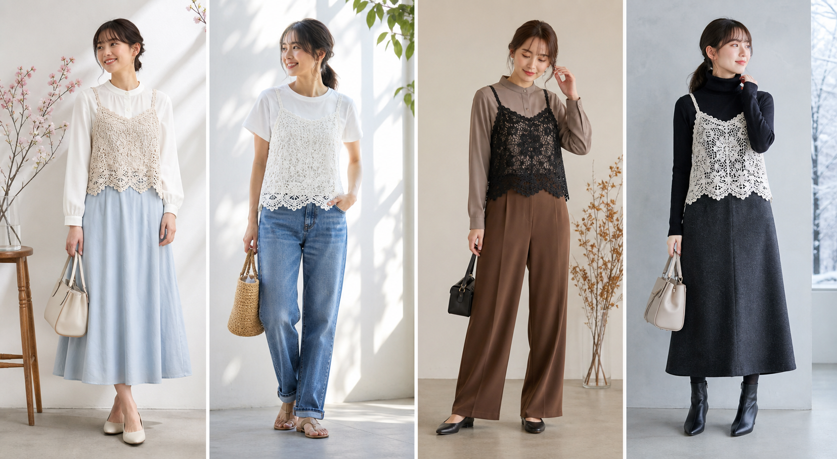 春夏秋冬のレースビスチェ重ね着コーデ