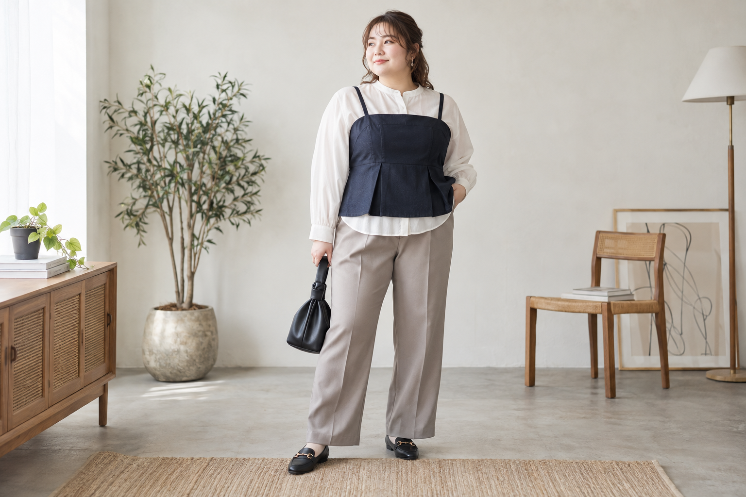 白シャツと濃紺ビスチェをストレートパンツに合わせた普段着の全身コーデ
