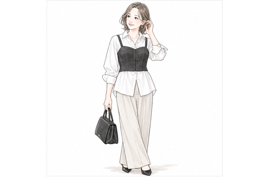 白シャツと黒ビスチェを合わせた50代の全身コーデ