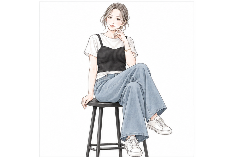 50代女性がビスチェの丈と重ね着を鏡で確認するイラスト