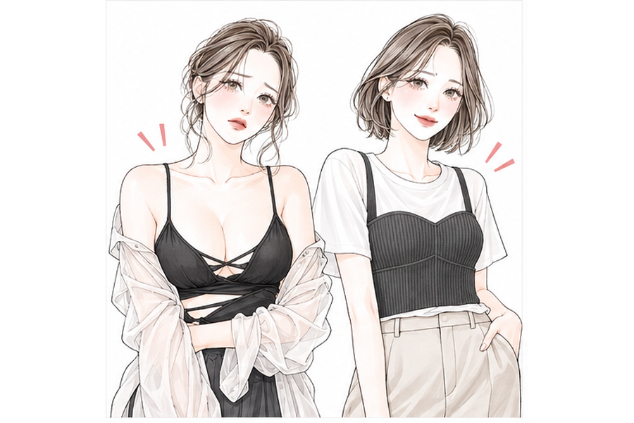 露出の多い着方と上品な重ね着を比べる40代女性のイラスト