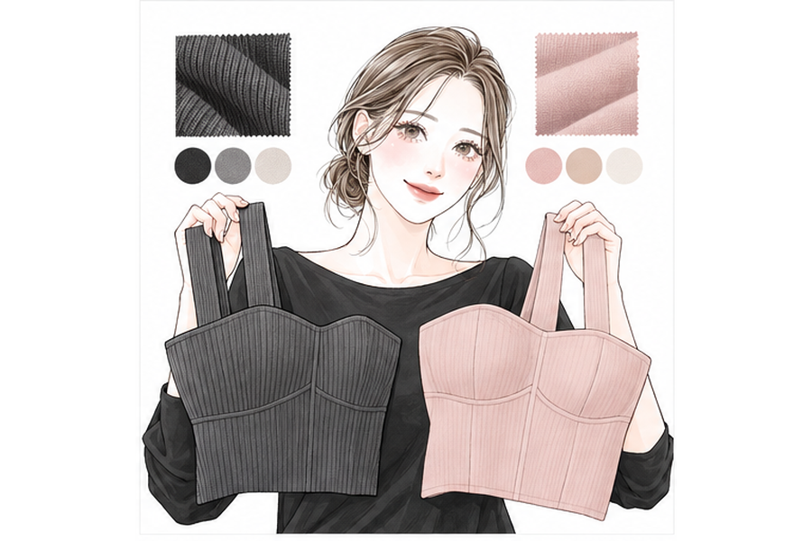 黒とくすみピンクのビスチェの素材と形を比べるイラスト