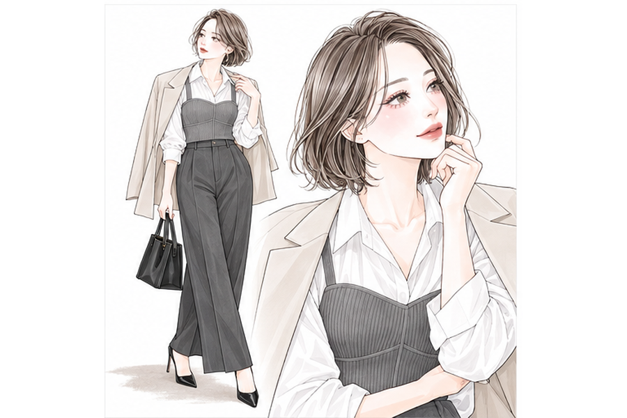 シャツとビスチェにジャケットを羽織る40代女性のイラスト