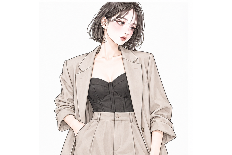 ジャケットとビスチェのきれいめな重ね着イラスト