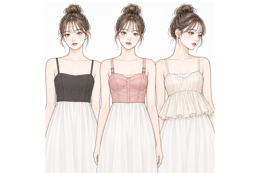 体型別にビスチェの丈と形を比べるイラスト