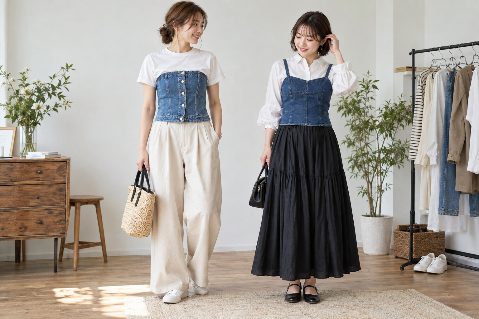 白Tシャツとブラウスに重ねた前開きデニムビスチェの着こなし