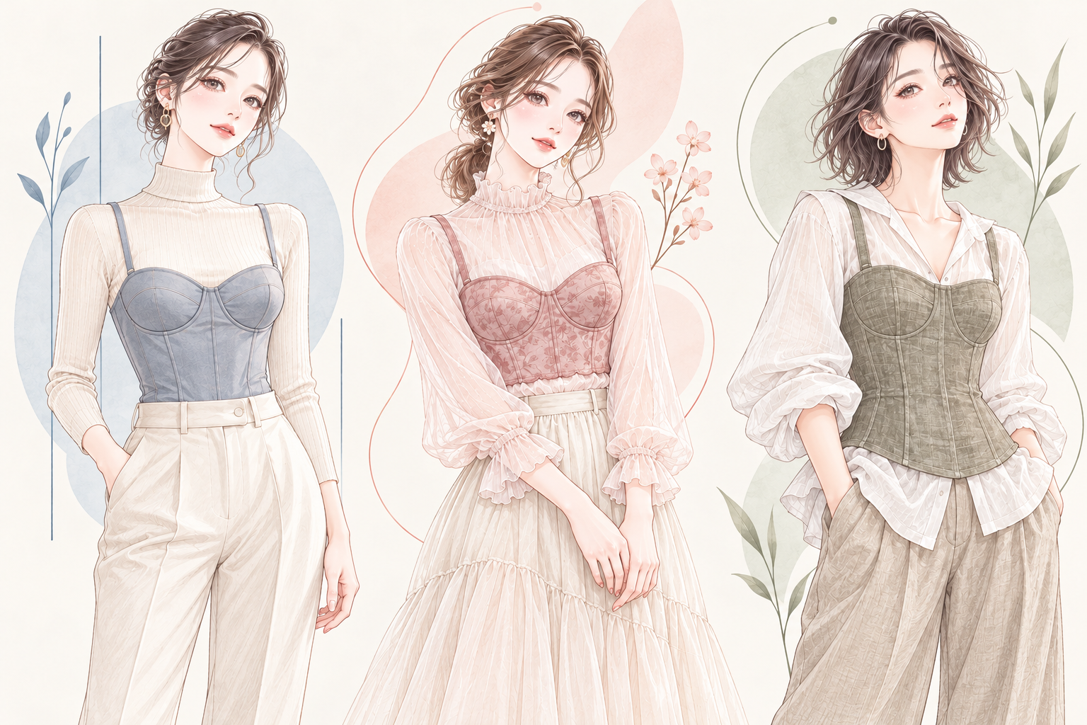 ストレート・ウェーブ・ナチュラルの3タイプをイメージした淡い色調のビスチェコーデイラスト