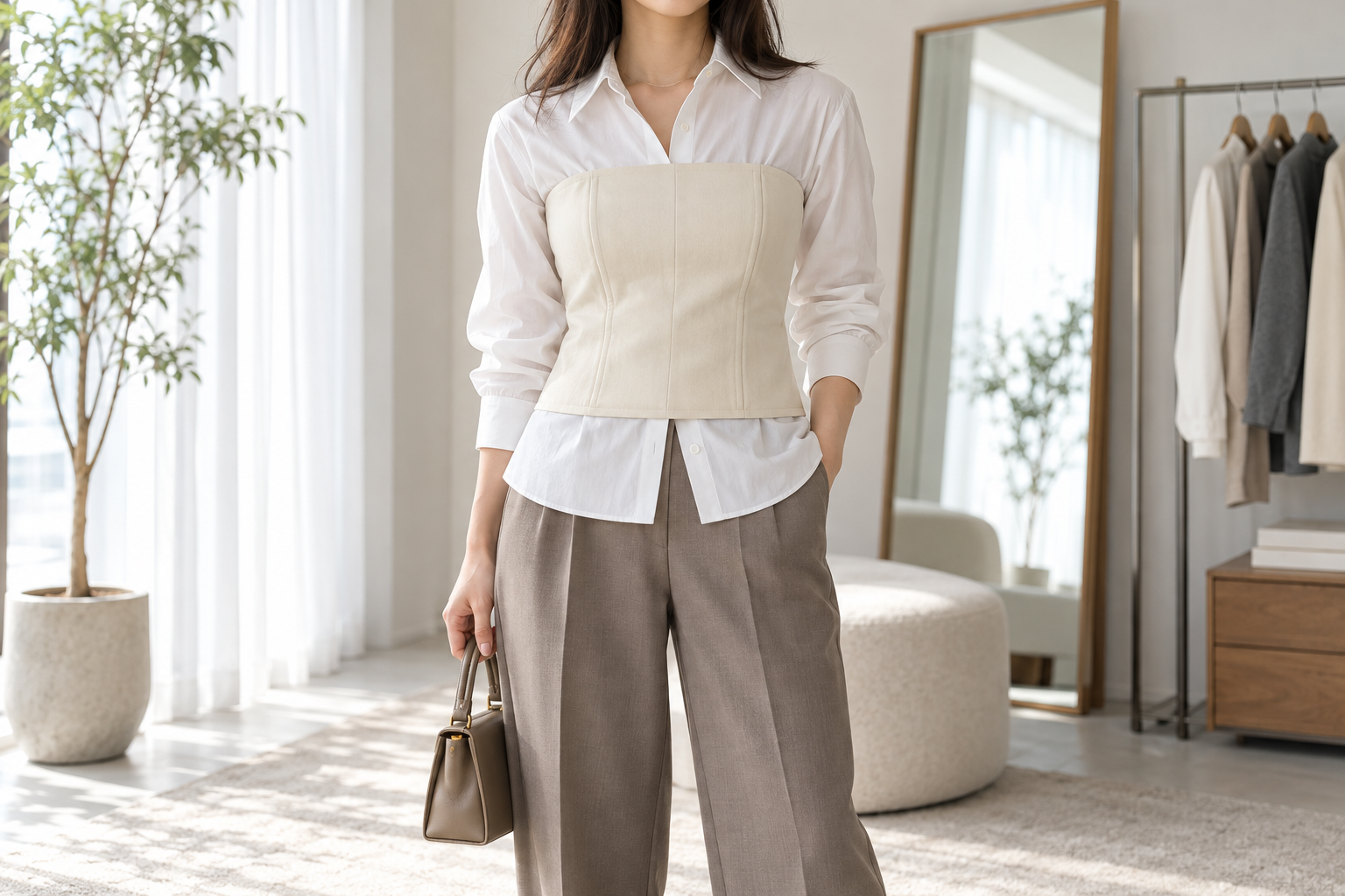 白シャツに構築的なビスチェを重ねた骨格ストレート向けコーデ