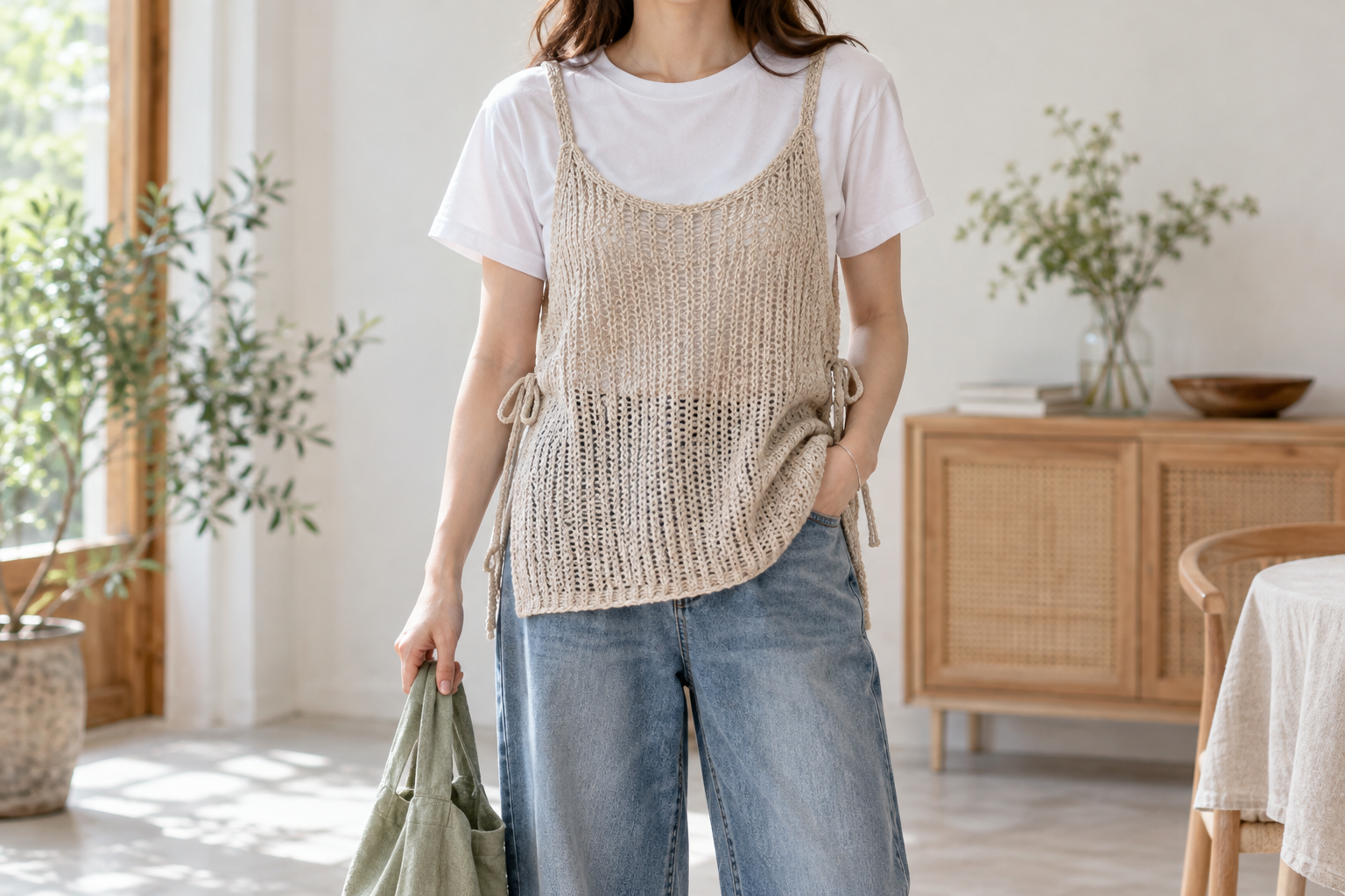 Tシャツに長めのニットビスチェを重ねた骨格ナチュラル向けコーデ