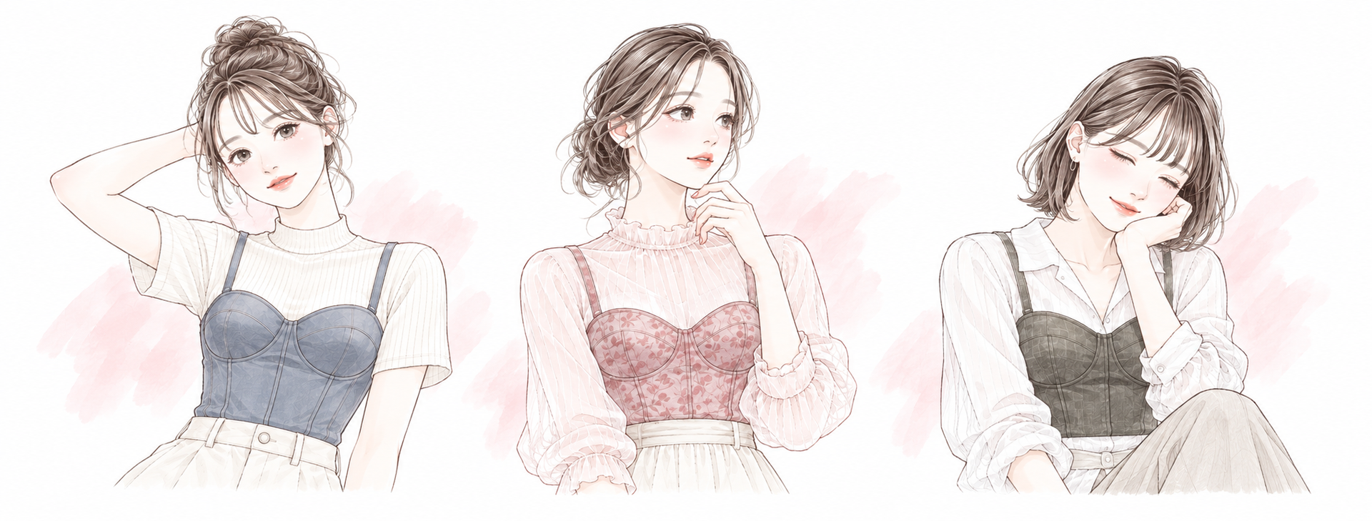 繊細な鉛筆線と淡い水彩で描いた、3つのビスチェコーデを楽しむ女性イラスト