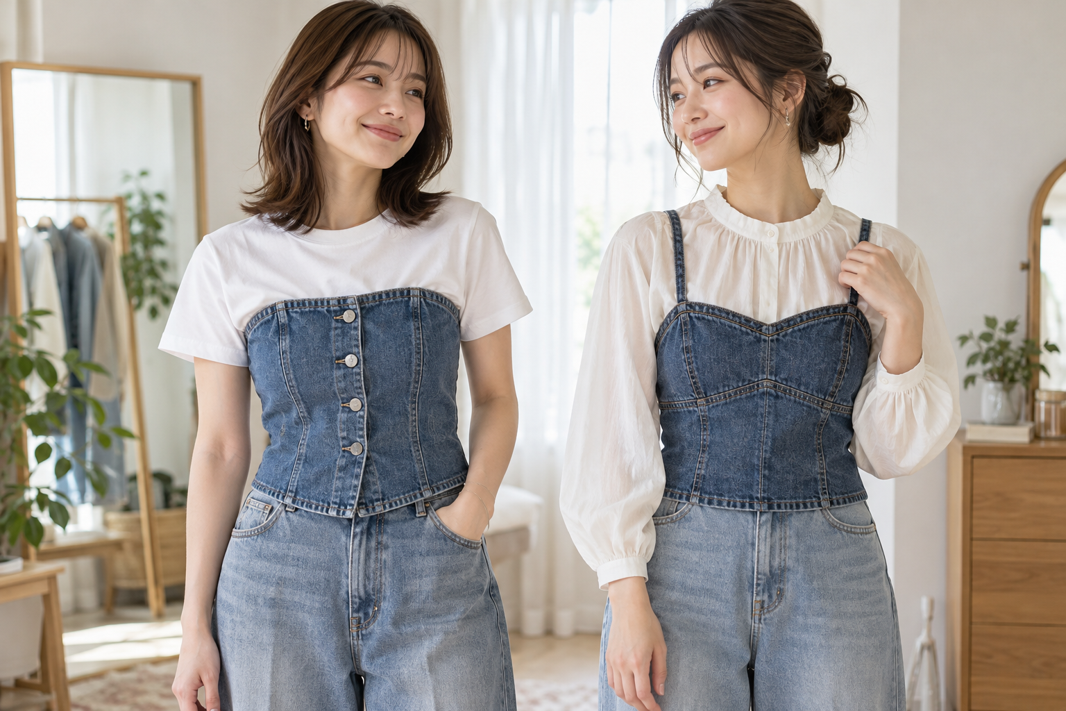 layeringのデニムビスチェ着こなし
