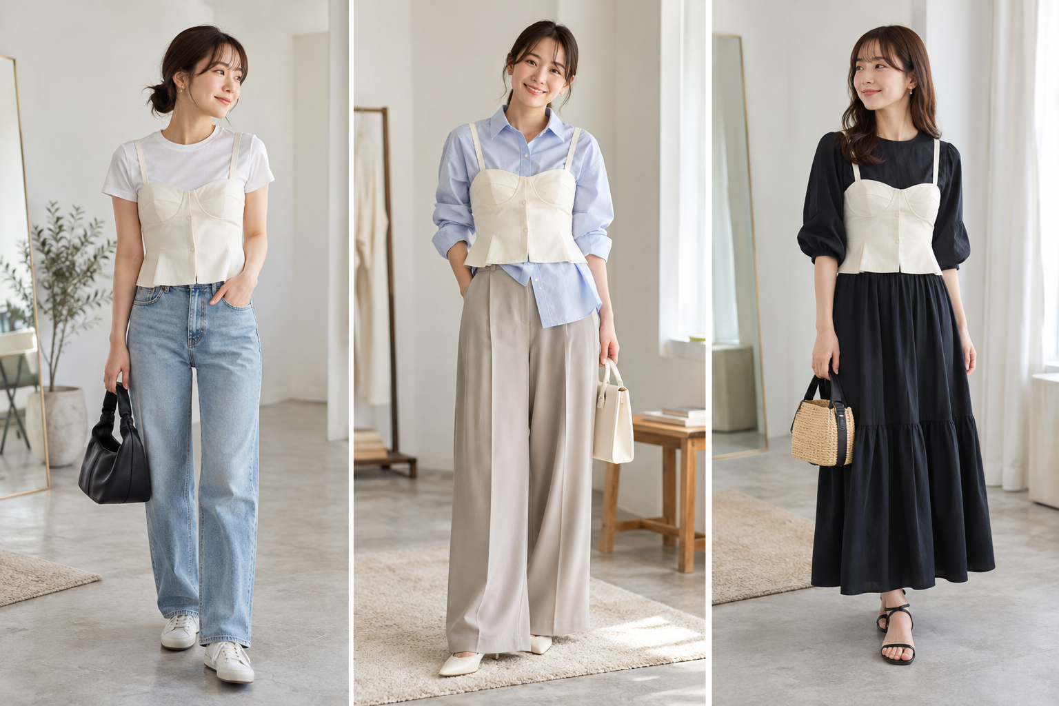 Tシャツ・シャツ・ワンピースに白ビスチェを重ねた3つの基本コーデ