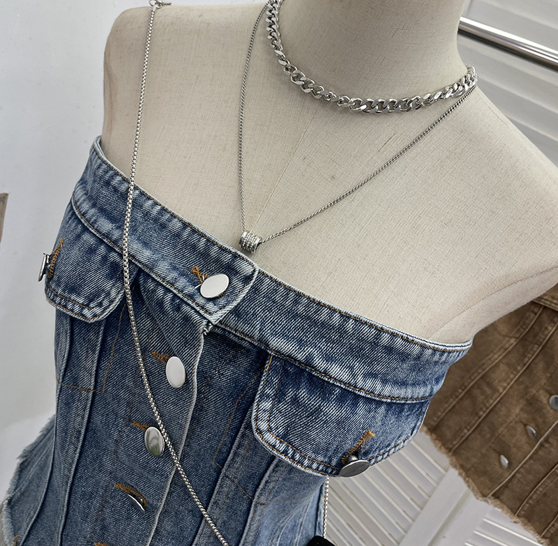 ビスチェ 前ボタンフラップポケット付きチューブトップ風　デニム