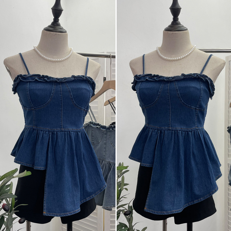ビスチェ フリルトップデザイン裾非対称ペプラム　デニム