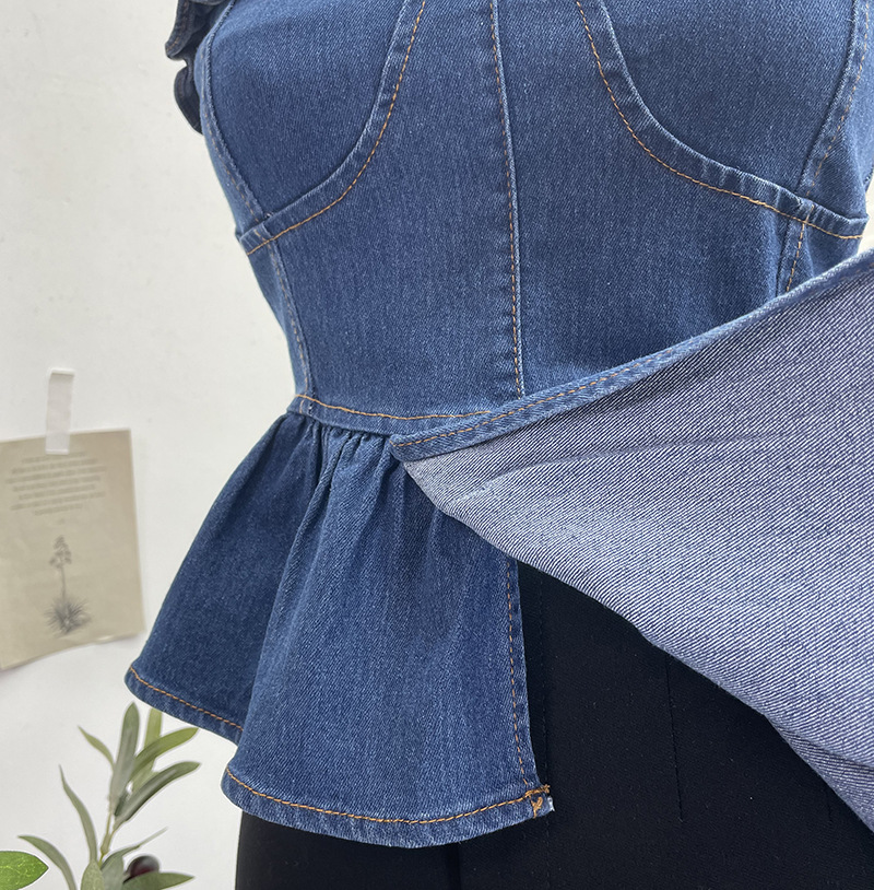 ビスチェ フリルトップデザイン裾非対称ペプラム　デニム
