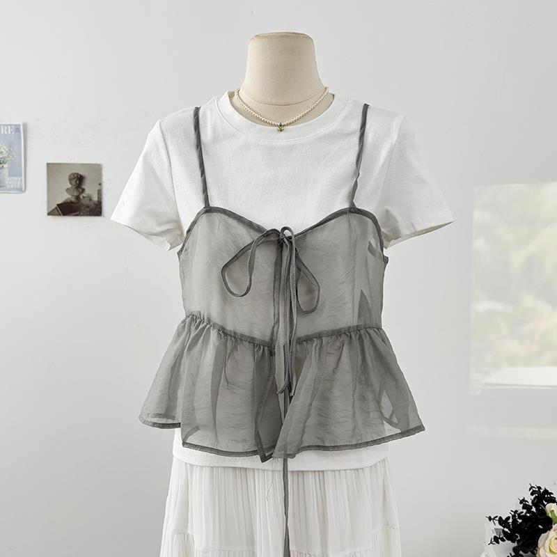 ビスチェ シアー素材リボン付きペプラムビスチェ　レース