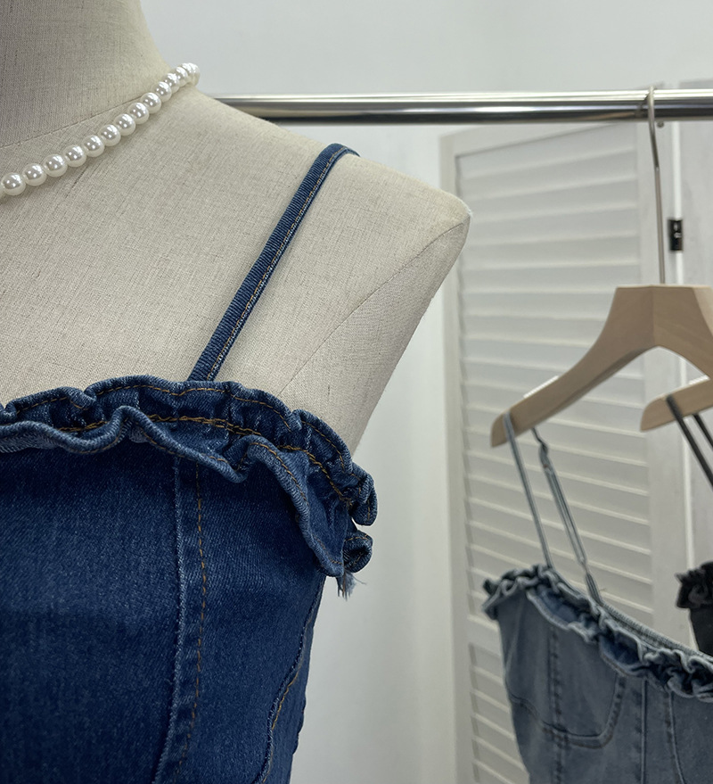 ビスチェ フリルトップデザイン裾非対称ペプラム　デニム