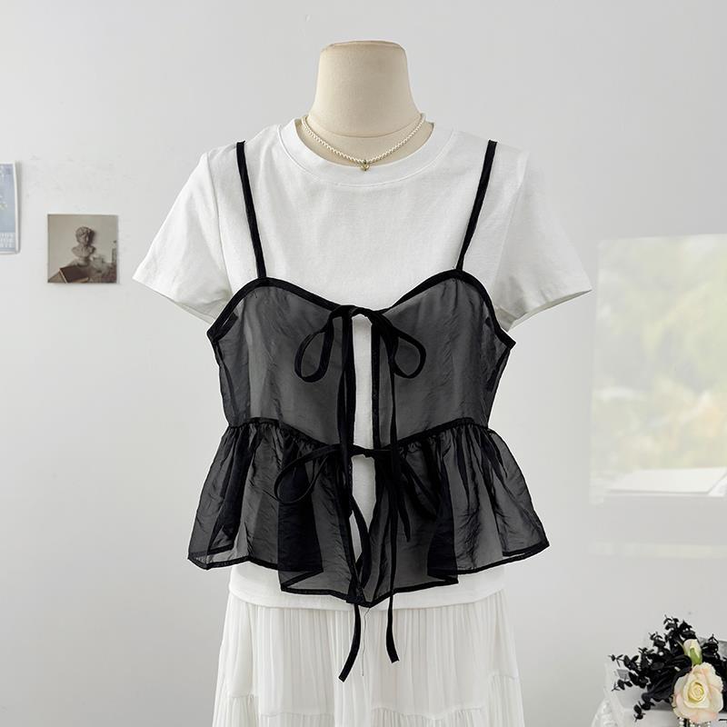 ビスチェ シアー素材リボン付きペプラムビスチェ　レース