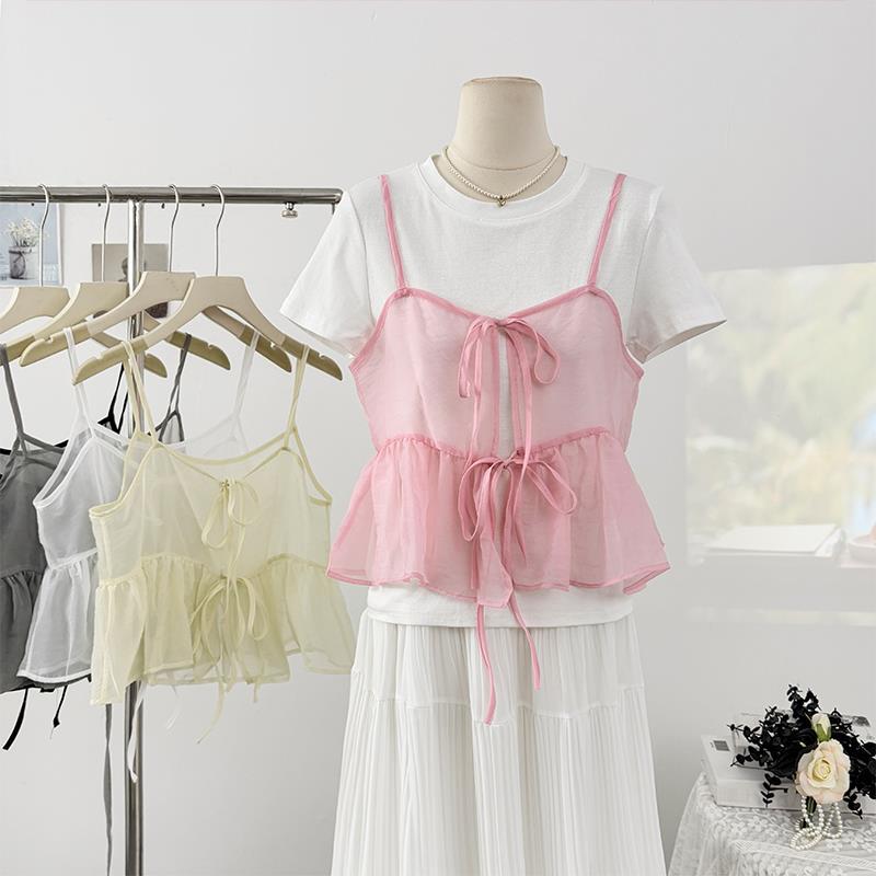 ビスチェ シアー素材リボン付きペプラムビスチェ　レース