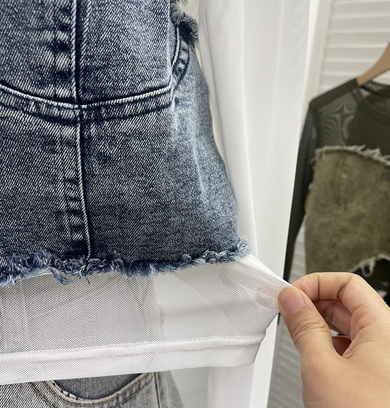 ビスチェ フリンジ加工ビスチェ重ね着風長袖トップス　デニム