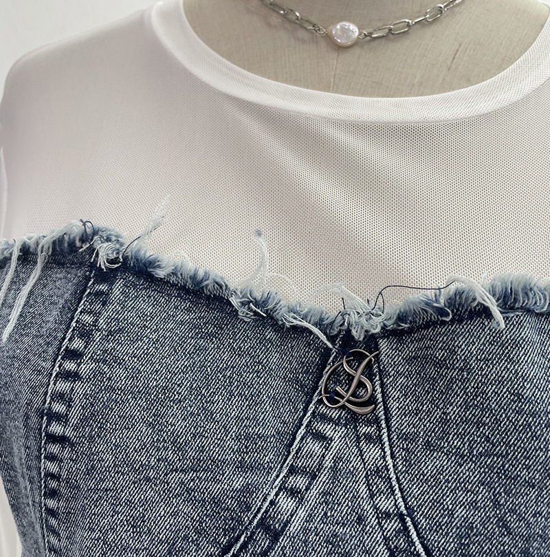 ビスチェ フリンジ加工ビスチェ重ね着風長袖トップス　デニム