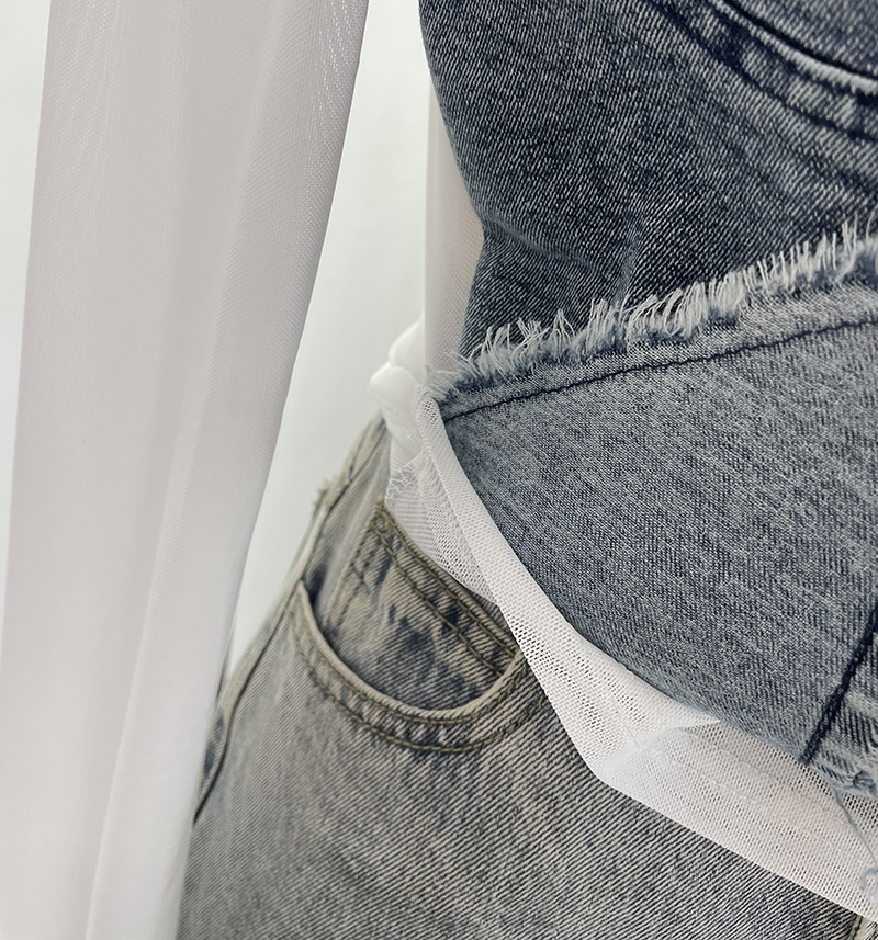 ビスチェ フリンジ加工ビスチェ重ね着風長袖トップス　デニム