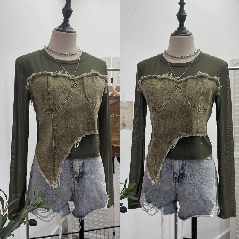 ビスチェ フリンジ加工ビスチェ重ね着風長袖トップス　デニム