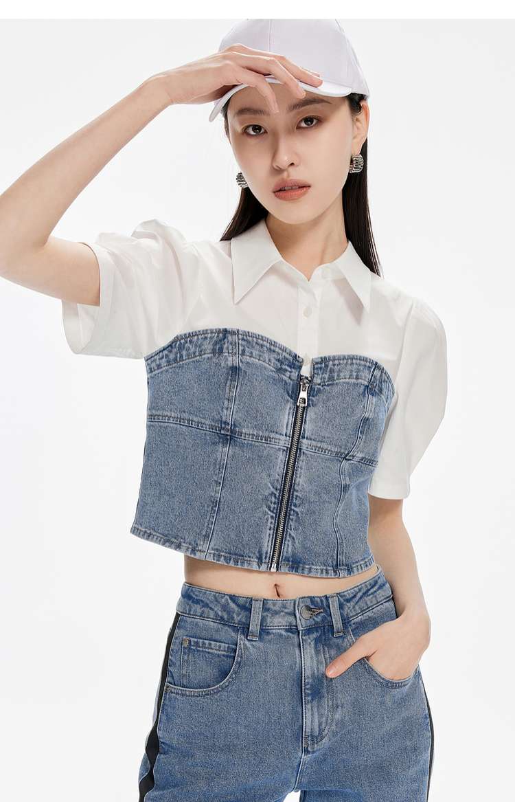 デニムビスチェ風クロップドシャツ