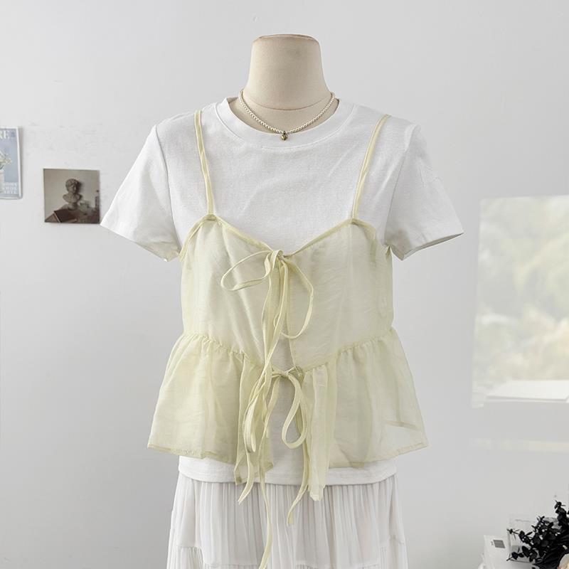 ビスチェ シアー素材リボン付きペプラムビスチェ　レース