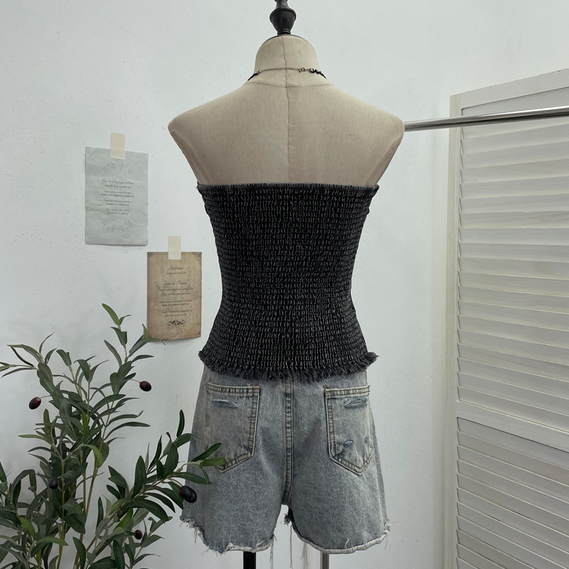 ビスチェ 前ボタンフラップポケット付きチューブトップ風　デニム