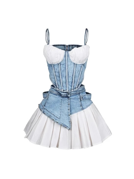 ビスチェ 異素材切替ビスチェプリーツスカートセット デニム