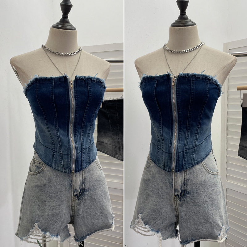 ビスチェ フロントジップ切替　デニム