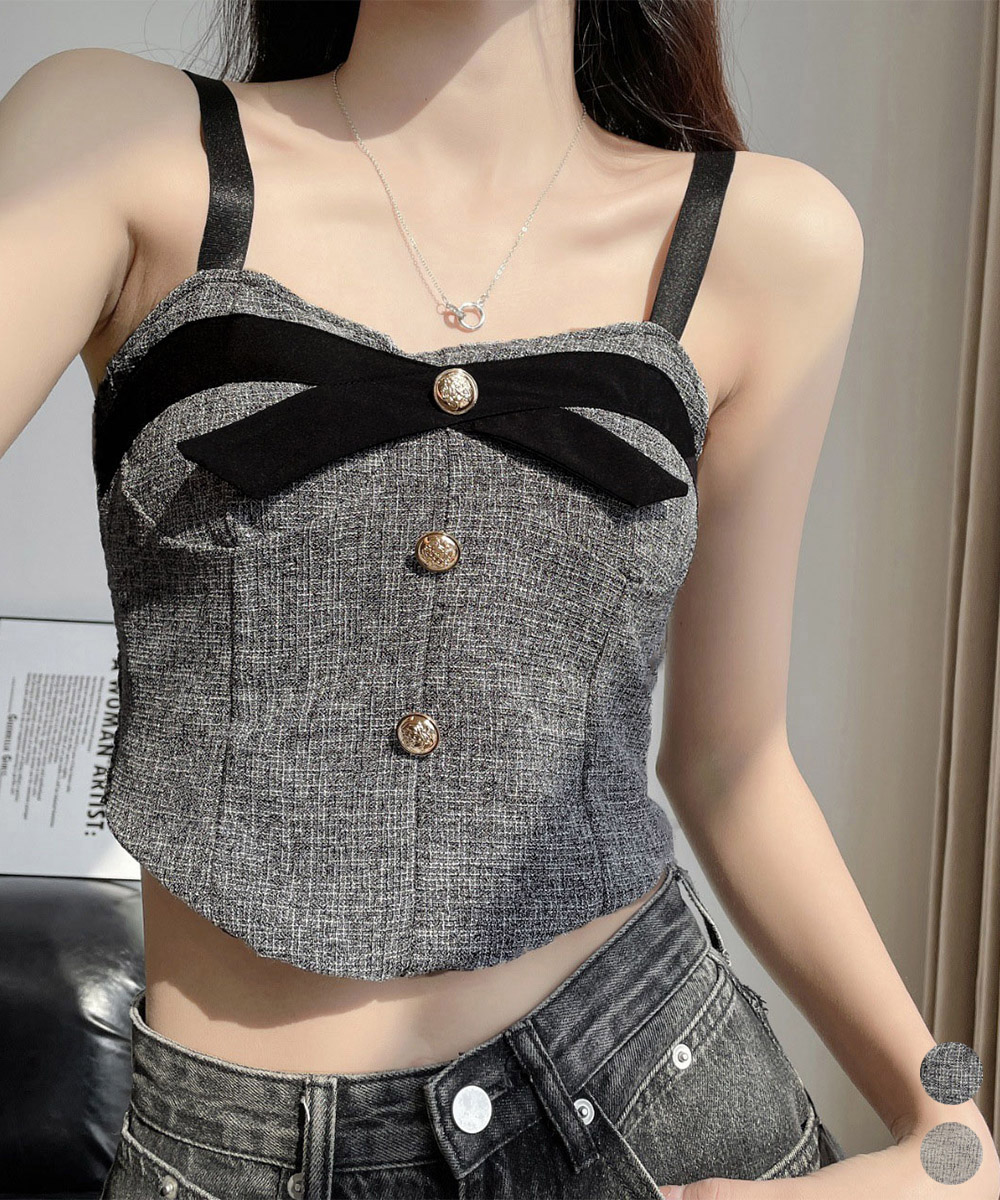 前ボタンリボンツイードビスチェ キャミソール