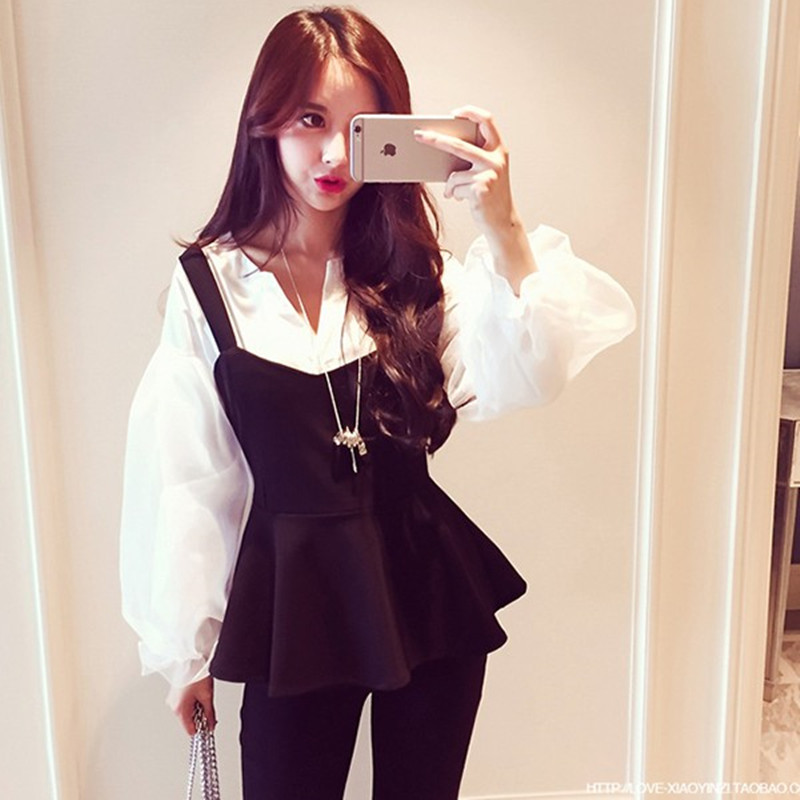 ビスチェ 裾フリル付きペプラムビスチェとブラウスの重ね着風セット