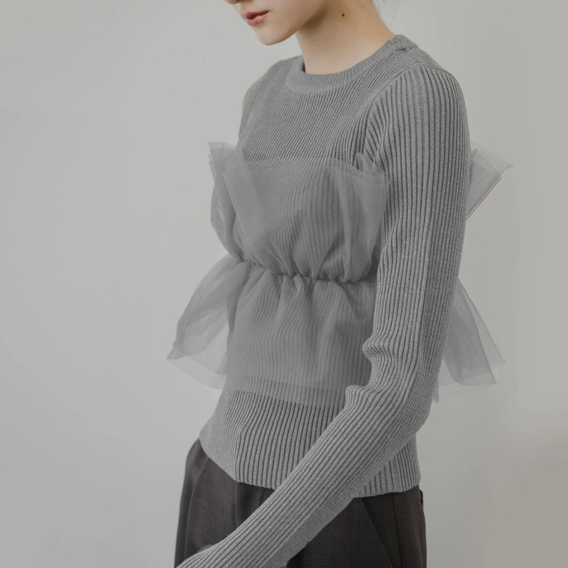 ビスチェ 透け感チュール重ねリブニットビスチェ風トップス