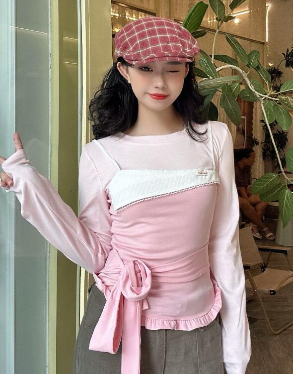 リボン付きビスチェ風長袖ブラウス レディース