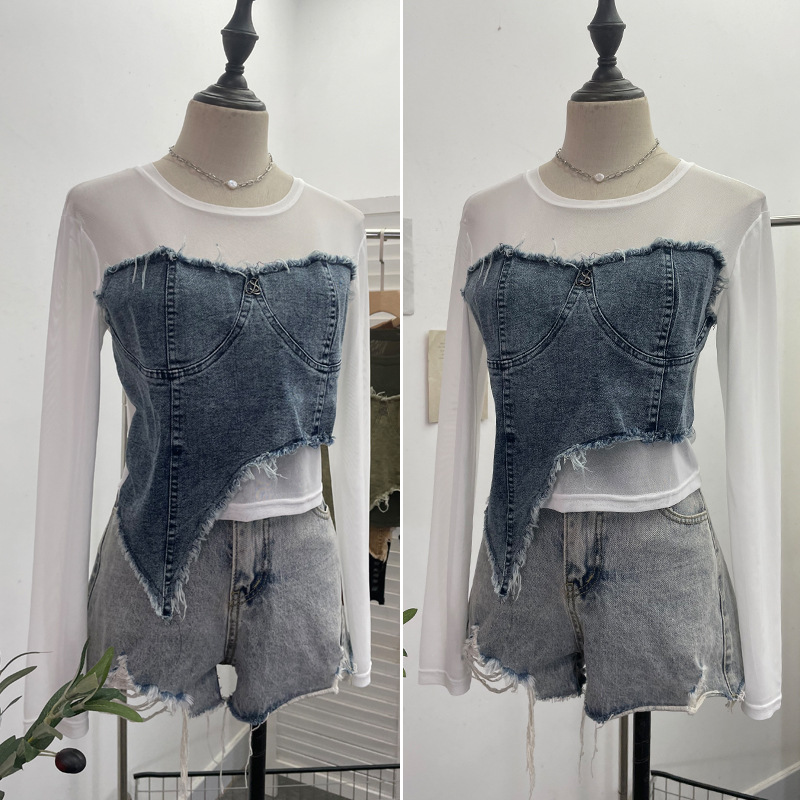 ビスチェ フリンジ加工ビスチェ重ね着風長袖トップス　デニム