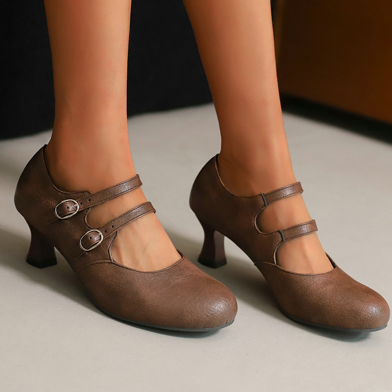 【オフィス履き】ダブルストラップ 太ヒールパンプス - 通勤 立ち仕事 痛くない