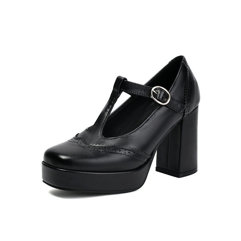 【痛くない】厚底 Tストラップ チャンキーヒールパンプス - 脚長効果 かわいい 歩きやすい