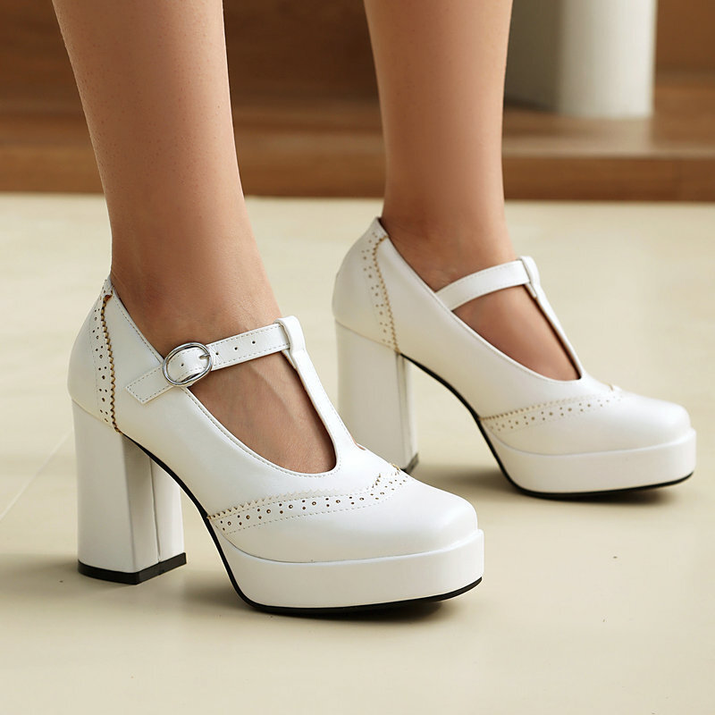 【痛くない】厚底 Tストラップ チャンキーヒールパンプス - 脚長効果 かわいい 歩きやすい