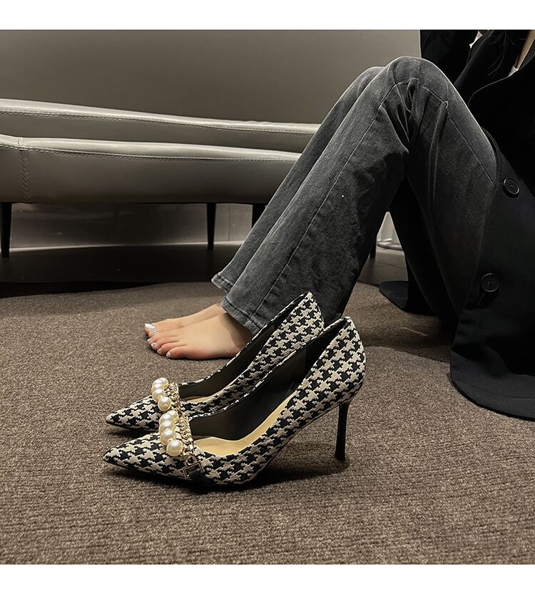 ビジネスシューズ 千鳥格子柄パール飾りポインテッドトゥパンプス