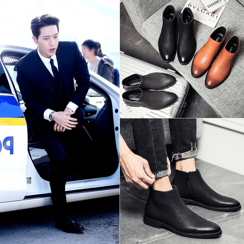 ビジネスシューズ 本革仕様サイドジッパー付きショート丈ブーツ