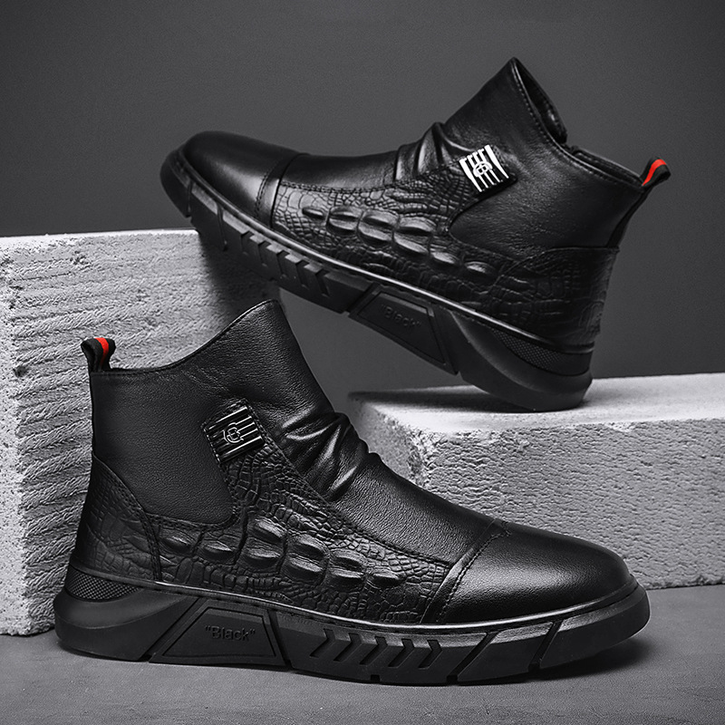 【防水】本革 ハイカット ブーツ - ビジネス 型押し 雪道