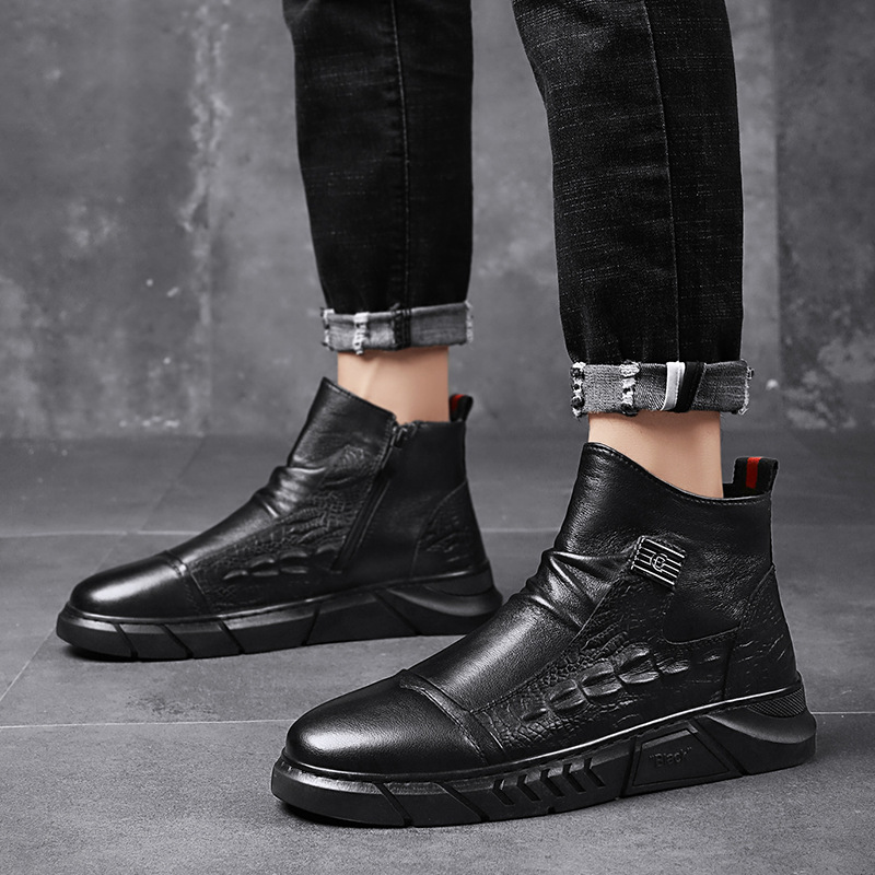 【防水】本革 ハイカット ブーツ - ビジネス 型押し 雪道