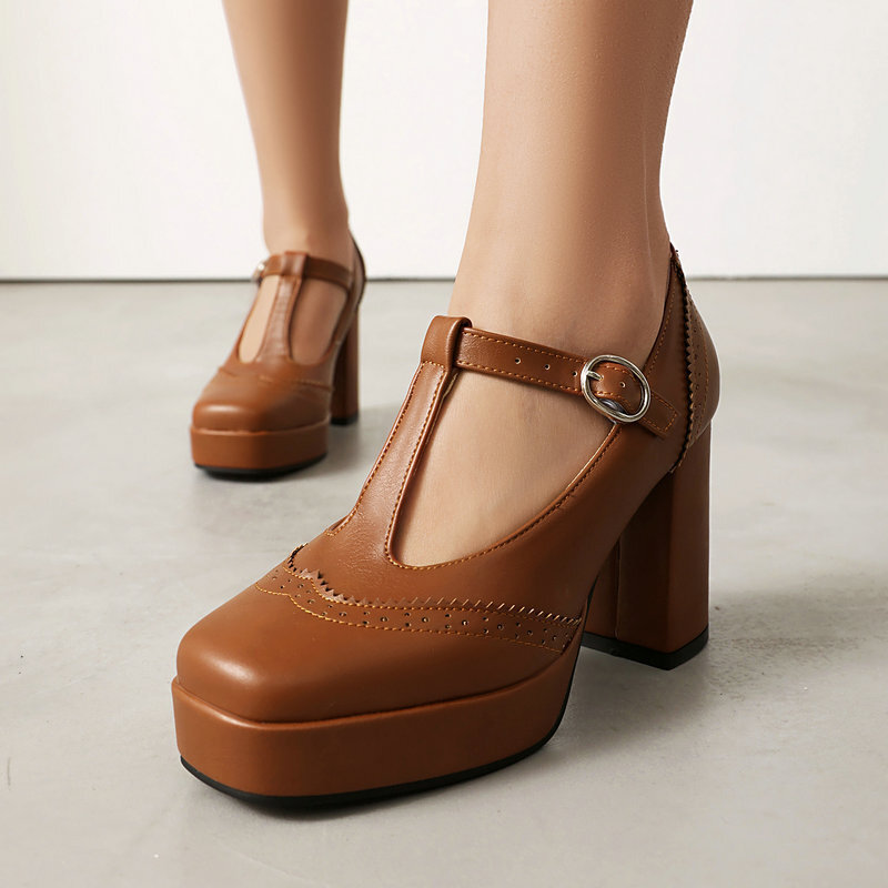 【痛くない】厚底 Tストラップ チャンキーヒールパンプス - 脚長効果 かわいい 歩きやすい